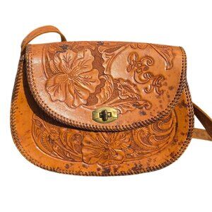 Vintage Tooled Leather Purse Floral  Bag With Adjustable Strap Western Boho